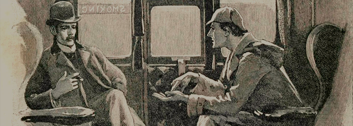 Banner ilustrado de Sherlock y Watson en el tren